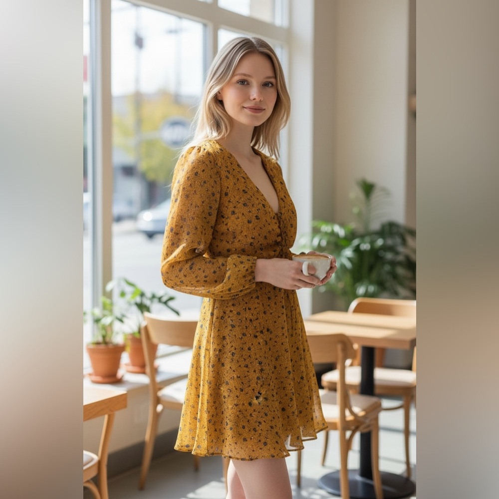 Maison Jules Womens Yellow Floral Long Sleeve Open Back Mini‎ Dress Size 4